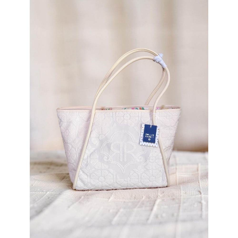 New ROLLER RABBIT Women's Daisy Floral Large Terry Beach Tote Bag Cream Embossed